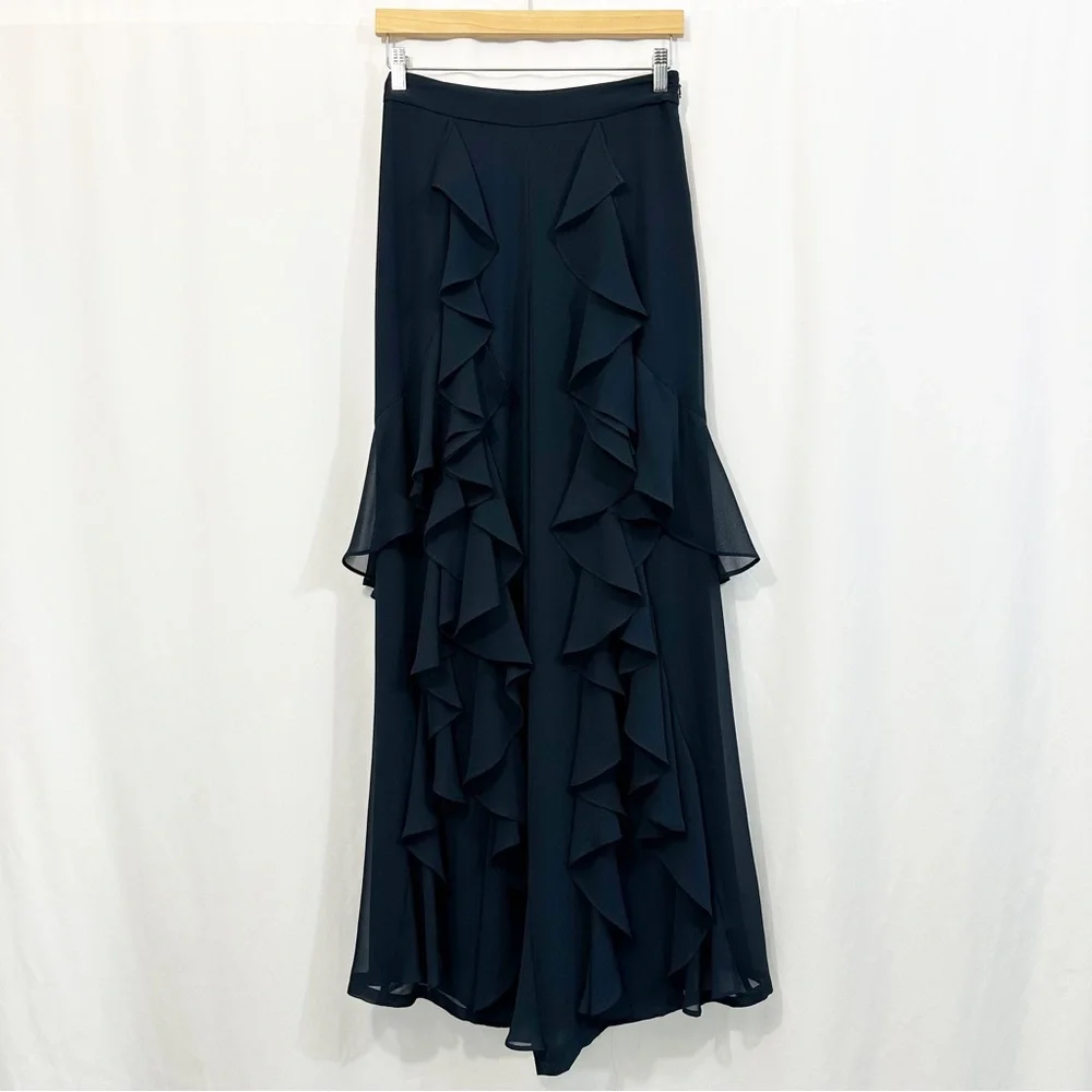 Badgley Mischka Cascading Ruffle Wide Leg High Waist Pants in Navy Blue - Picture 3 of 13